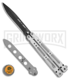 Bear OPS Bear Song IV Silver Balisong Butterfly Knife W/Trainer - Black Plain 11 Bear OPS Bear Song IV Silver Balisong Butterfly Knife W/Trainer - Black Plain -Elite Knives Shop Bear Ops Bear Song IV Aluminum trainer black BHQ 74868 er bottlecap large