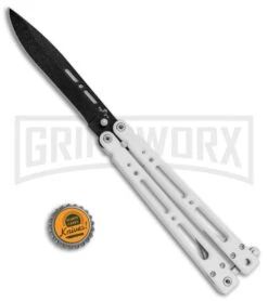 Bear OPS Bear Song IV Arctic White Balisong Butterfly Knife W/Trainer - Black -Elite Knives Shop Bear Ops Bear Song IV Butterfly Arctic White Trainer Satin B 400 ALW B BHQ 79336 jr bottlecap large