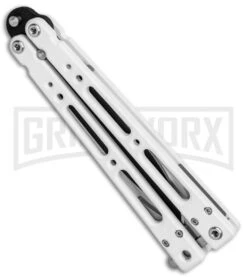Bear OPS Bear Song IV Arctic White Balisong Butterfly Knife W/Trainer - Black -Elite Knives Shop Bear Ops Bear Song IV Butterfly Arctic White Trainer Satin B 400 ALW B BHQ 79336 jr side large