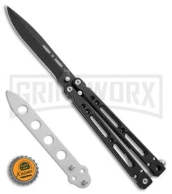 Bear OPS Bear Song IV Black Balisong Butterfly Knife W/Trainer - Black Plain -Elite Knives Shop Bear Ops Bear Song IV Butterfly Black Aluminum Trainer Black BHQ 75569 jr bottlecap large