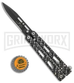 Bear OPS Bear Song IV Sim. Carbon Fiber Small Butterfly Knife - Black Plain -Elite Knives Shop Bear Ops Bear Song IV small sim carbon fiber black BHQ 75950 er bottlecap large