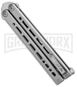 Bear Ops Bear Song VIII Gray Butterfly Knife - Bayonet Satin Plain -Elite Knives Shop Bear Ops Bear Song VIII Butterfly Bayo Satin B 820 SS S BHQ 102071 jr side large