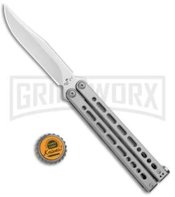 Bear Ops Bear Song VIII Gray Butterfly Knife - Clip Point Satin Plain -Elite Knives Shop Bear Ops Bear Song VIII Butterfly DP Satin B 800 SS S BHQ 102069 jr bottlecap large