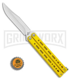 Bear Ops Bear Song VIII Yellow Butterfly Knife - Clip Point Satin Plain -Elite Knives Shop Bear Ops Bear Song VIII Butterfly Knife Yellow Clip Point 4.5in Satin B 800 SSYW S BHQ 113965 LS Bottlecap large