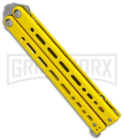 Bear Ops Bear Song VIII Yellow Butterfly Knife - Clip Point Satin Plain -Elite Knives Shop Bear Ops Bear Song VIII Butterfly Knife Yellow Clip Point 4.5in Satin B 800 SSYW S BHQ 113965 LS Side large