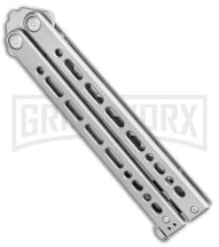 Bear Ops Bear Song VIII Silver Butterfly Trainer - Bead Blast Dull -Elite Knives Shop Bear Ops Bear Song VIII Butterfly Trainer 4.5 Satin B 821 SS S BHQ 117625 LS Side large