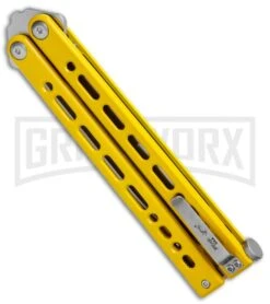 Bear Ops Bear Song VIII Yellow Butterfly Knife - Tanto Satin Plain -Elite Knives Shop Bear Ops Bear Song VIII Butterfly Yellow Tanto Satin B 810 SSYW S BHQ 124341 jr side large