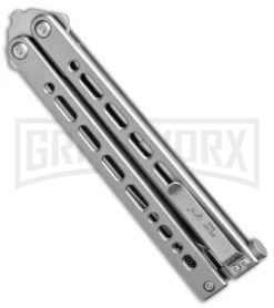 Bear Ops Bear Song VIII Small Gray Butterfly Knife - Tanto Satin Plain -Elite Knives Shop Bear Ops Bear Song VIII Small Butterfly Gray Satin Tanto BHQ 145127 jr side large