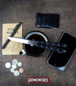 Bear And Son Knives 114 Silver Vein Balisong Butterfly Knife - Damascus Plain -Elite Knives Shop Bear Son 114B Large Butterfly Knife Black Satin BHQ 0364 kp lifestyle web large 5