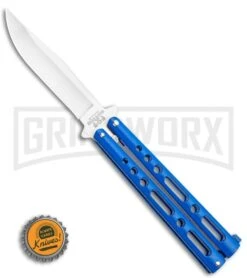 Bear & Son Knives Blue Large 117 Balisong Butterfly Knife - Satin Plain -Elite Knives Shop Bear Son Butterfly Blue 117BL BHQ 114368 LS Bottlecap large