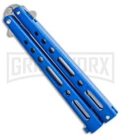 Bear & Son Knives Blue Large 117 Balisong Butterfly Knife - Satin Plain -Elite Knives Shop Bear Son Butterfly Blue 117BL BHQ 114368 LS Side large