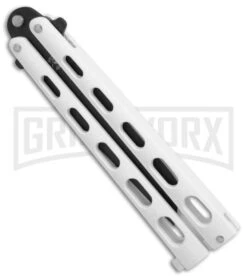 Bear & Son 115TANW White Butterfly Knife - Tanto Black Plain -Elite Knives Shop Bear Son Large Butterfly tanto white black BHQ 76613 er spine large