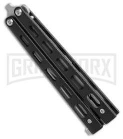 Bear And Son Knives 113B Small Black Balisong Butterfly Knife - Satin Plain -Elite Knives Shop Bear and Son 113B Small Butterfly Balisong Knife Black Textured 3.3in Satin BHQ 0367 hd 2 side large