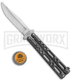 Bear & Son Knives Gray Large 117 Balisong Butterfly Knife - Satin Plain -Elite Knives Shop Bear and Son 117 Large Butterfly Gray Satin BC117 BHQ 39154 jr bottlecap large