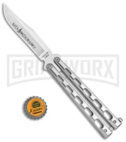 Bear & Son Silver Stainless Steel Butterfly 30th Anniversary Clip Point Satin -Elite Knives Shop Bear and Son 30th Anniversary Polished Butterfly ANNSS14 S35 BHQ 121784 jr bottlecap large