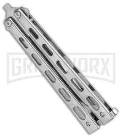 Bear & Son Silver Stainless Steel Butterfly 30th Anniversary Clip Point Satin -Elite Knives Shop Bear and Son 30th Anniversary Polished Butterfly ANNSS14 S35 BHQ 121784 jr side large