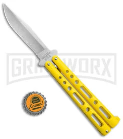 Bear & Son Knives Yellow Large 117 Balisong Butterfly Knife - Stonewash Plain -Elite Knives Shop Bear and Son Butterfly Yellow SW BHQ 138996 jr bottlecap large