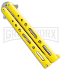 Bear & Son Knives Yellow Large 117 Balisong Butterfly Knife - Stonewash Plain -Elite Knives Shop Bear and Son Butterfly Yellow SW BHQ 138996 jr side large