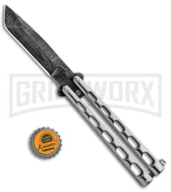 Bear And Son Knives SS14 Large Balisong Butterfly Knife - Tanto Damascus -Elite Knives Shop Bear and Son Tanto Butterfly SS Damascus SS14AD BHQ 88455 jr bottlecap large
