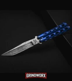 Bear And Son Knives Blue Balisong Butterfly Knife - Damascus Plain -Elite Knives Shop Bear and son butterfly blue damascus 114bld BHQ 36772 dl large