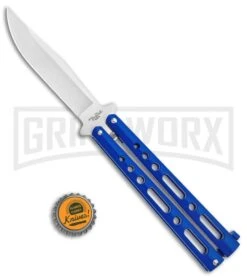 Benchmark Balisong Blue Butterfly Knife - Satin Plain -Elite Knives Shop Benchmark BM011 Blue Balisong Butterfly Satin BM011 BHQ 115069 jr bottlecap large
