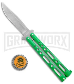 Benchmark Green Epoxy Steel Butterfly Knife - Stonewash Plain -Elite Knives Shop Benchmark Butterfly Green SW BHQ 143933 jr bottlecap large