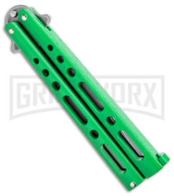 Benchmark Green Epoxy Steel Butterfly Knife - Stonewash Plain -Elite Knives Shop Benchmark Butterfly Green SW BHQ 143933 jr side large