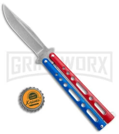 Benchmark Red & Blue Epoxy Steel Butterfly Knife - Stonewash Plain 7 Benchmark Red & Blue Epoxy Steel Butterfly Knife - Stonewash Plain -Elite Knives Shop Benchmark Butterfly Red White Blue SW BHQ 143934 jr bottlecap large