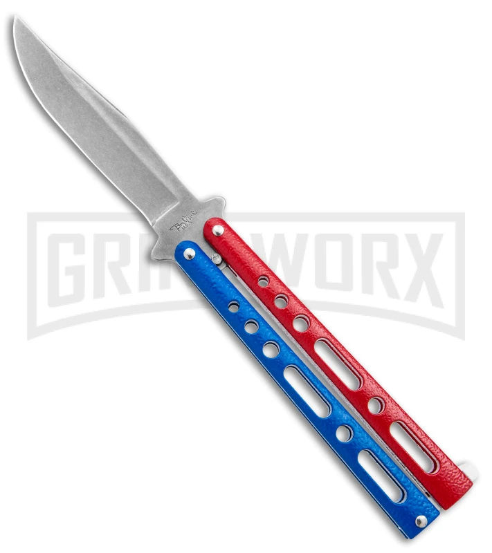 Benchmark Red & Blue Epoxy Steel Butterfly Knife - Stonewash Plain 1 Benchmark Red & Blue Epoxy Steel Butterfly Knife - Stonewash Plain