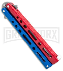 Benchmark Red & Blue Epoxy Steel Butterfly Knife - Stonewash Plain 6 Benchmark Red & Blue Epoxy Steel Butterfly Knife - Stonewash Plain -Elite Knives Shop Benchmark Butterfly Red White Blue SW BHQ 143934 jr side large