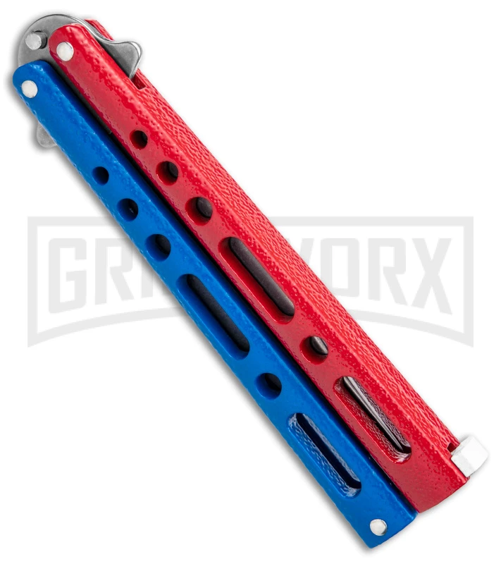 Benchmark Red & Blue Epoxy Steel Butterfly Knife - Stonewash Plain 3 Benchmark Red & Blue Epoxy Steel Butterfly Knife - Stonewash Plain - Image 3