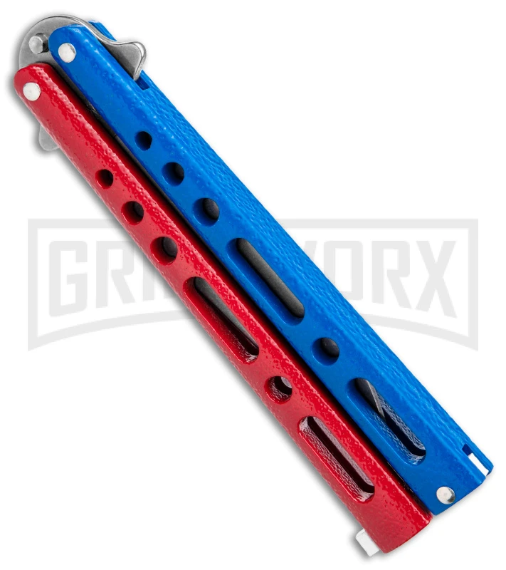 Benchmark Red & Blue Epoxy Steel Butterfly Knife - Stonewash Plain 2 Benchmark Red & Blue Epoxy Steel Butterfly Knife - Stonewash Plain - Image 2