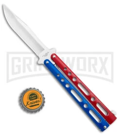 Benchmark Red & Blue Epoxy Steel Butterfly Knife - Satin Plain -Elite Knives Shop Benchmark Butterfly Red White Blue Satin BHQ 141219 jr bottlecap large