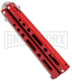 Benchmark BM009 Red Balisong Butterfly Knife - Satin Plain -Elite Knives Shop Benchmark Red Buttefly Knife Satin BM009 BHQ 74287 jr side large