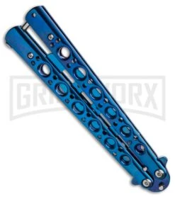 Blue Balisong Trainer Butterfly Knife - Blue Dull -Elite Knives Shop Blue Balisong Trainer Butterfly Knife Blue Finish GX 37659 td side large