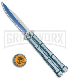 Blue Bone Balisong Drop Point Butterfly Knife - 2 Tone Plain -Elite Knives Shop Blue Bone Balisong DP Butterfly TT Plain GX 37371 jr bottlecap large