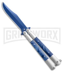 Regal Flipper Blue Swirl Balisong Butterfly Knife - Green Plain