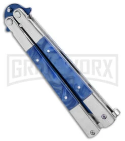 Regal Flipper Blue Swirl Balisong Butterfly Knife - Green Plain -Elite Knives Shop Blue Swirl Balisong CP Butterfly Red GX 40648 jr side large