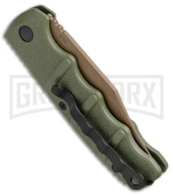 Boker Kalashnikov Desert Warrior Bowie Automatic Knife - Copper Plain -Elite Knives Shop Boker Kalashnikov Bowie Auto Desert Warrior OD Green Copper 01KALS22N BHQ 17106 jr side 2 large