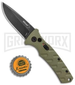 Boker Mini Strike Automatic Knife OD Green - Drop Point Black SW Plain -Elite Knives Shop Boker Mini Strike Auto OD Green Smokewash 01BO437NSOI BHQ 99630 jr bottlecap large