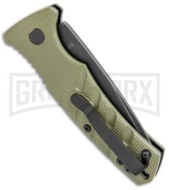 Boker Mini Strike Automatic Knife OD Green - Drop Point Black SW Plain -Elite Knives Shop Boker Mini Strike Auto OD Green Smokewash 01BO437NSOI BHQ 99630 jr side large