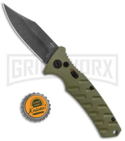 Boker Plus Strike OD Green Automatic Knife - Bowie Black Stonewash Plain -Elite Knives Shop Boker Plus Strike Bowie Auto OD Green Black Wash BHQ 125301 jr bottlecap large