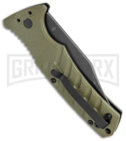 Boker Plus Strike OD Green Automatic Knife - Bowie Black Stonewash Plain -Elite Knives Shop Boker Plus Strike Bowie Auto OD Green Black Wash BHQ 125301 jr side large