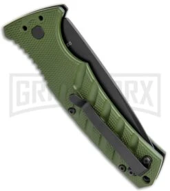 Boker Plus Strike OD Green Automatic Knife - Drop Point Black Plain -Elite Knives Shop Boker Plus Strike DP Auto OD Green Black BHQ 97033 jr side large