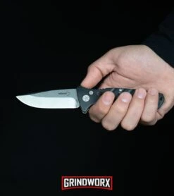 Boker Plus Strike Coyote Brown Automatic Knife - D2 Drop Point Black SW -Elite Knives Shop Boker Plus Strike Drop Point Automatic Knife Stonewash 01BO400N BHQ 32040 kp in hand web large 4