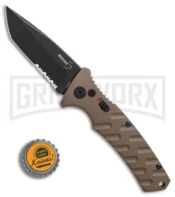 Boker Plus Strike Coyote Brown Automatic Knife - Tanto Black SW Serr -Elite Knives Shop Boker Plus Strike Tanto Coyote Brown black sw serr BHQ 67885 er bottlecap large