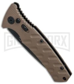 Boker Plus Strike Coyote Brown Automatic Knife - Tanto Black SW Serr -Elite Knives Shop Boker Plus Strike Tanto Coyote Brown black sw serr BHQ 67885 er spine large