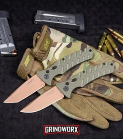 Boker Plus Strike Desert Warrior OD Green Automatic Knife - Tanto Copper Plain -Elite Knives Shop Boker Strike Drop Point Desert Warrior Automatic Knife OD Green Copper BHQ 70998 kp tactical webv large 1