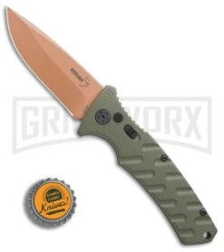 Boker Plus Strike Desert Warrior OD Green Automatic Knife - D2 Drop Point Copper -Elite Knives Shop Boker Strike drop point Desert Warrior OD Green copper BHQ 70998 er bottlecap large