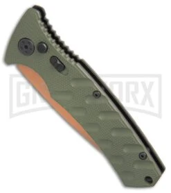 Boker Plus Strike Desert Warrior OD Green Automatic Knife - D2 Drop Point Copper -Elite Knives Shop Boker Strike drop point Desert Warrior OD Green copper BHQ 70998 er spine large